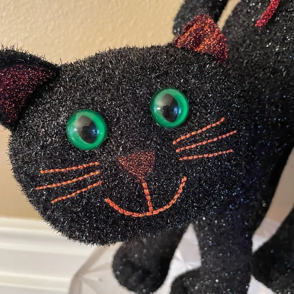 Vintage Black Cat Sparkling Green eyes Plush Free Standing Cat